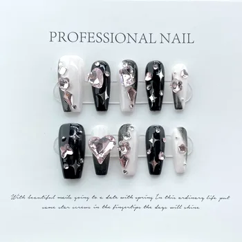  10 шт. черных накладных ногтей Y2k, Балетки, накладные ногти ручной работы, полное покрытие кончиков ногтей, пригодные для носки, Профессиональная печать на ногтях со стразами