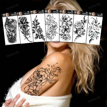  15 шт./лот, временные татуировки на рукавах, черный эскиз, листья пиона, татуировка с переносом воды для женщин, боди-арт, водонепроницаемый