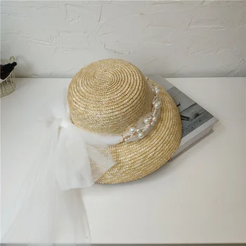  202204-nu прямая поставка, элегантный абажур в стиле Хепберн, форма ручной работы, соломенная жемчужная сетка, женская кепка-ведро, женская рыбацкая шляпа