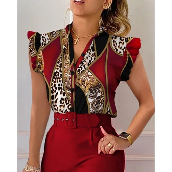  2023 Новые модные летние женские топы с V-образным вырезом и развевающимися рукавами, блузки, футболки с леопардовым принтом в стиле барокко, повседневные футболки, офисная женская одежда