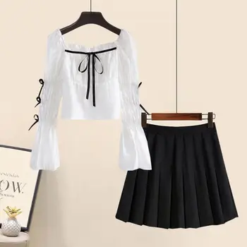  Женская одежда большого размера 2023, Новая корейская летняя женская футболка с длинными рукавами + Темпераментная юбка с высокой талией, Комплект из двух предметов