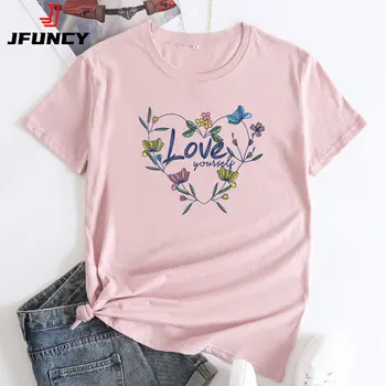  Женская футболка JFUCNY с графическим рисунком, Модная женская летняя одежда, Футболка с коротким рукавом, Хлопковая футболка 2022, Повседневные Свободные женские топы