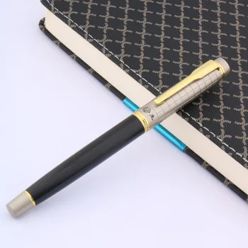  металлическая подарочная ручка со средним пером серого и черного цвета, деловая решетка, модная ручка-роллер с золотой отделкой