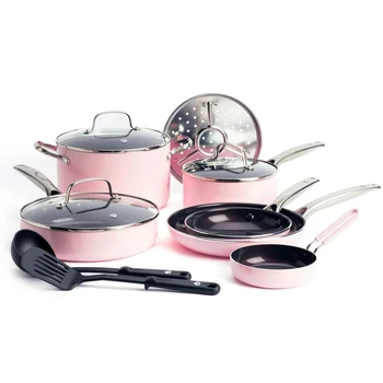  Набор посуды из керамики и сковородок, пригодных для мытья в посудомоечной машине, из 12 предметов, розовый