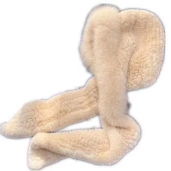  Новые зимние женские теплые комплекты шарфов из натурального меха кролика Рекс с шарфом из натурального меха лисы, шапка-глушитель, вязаные шапочки