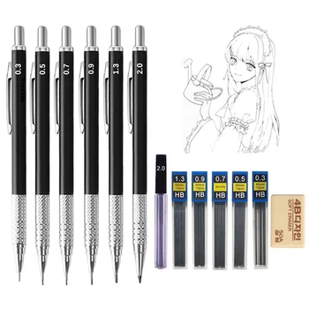  Полностью черный металлический набор механических карандашей HB Leads 0,3 0,5 0,7 0,9 1,3 2,0 мм Выдвижной карандаш для рисования с ластиком Школьные принадлежности