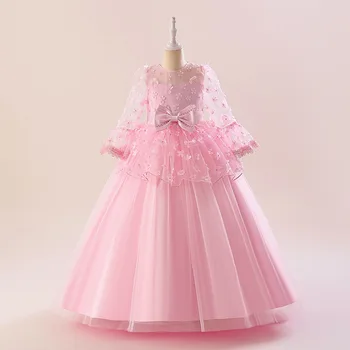  Розовое бальное платье с длинными рукавами-фонариками, свадебная вечеринка, тюлевое платье-пачка Принцессы для подростков, бальное платье на День рождения, официальная детская одежда