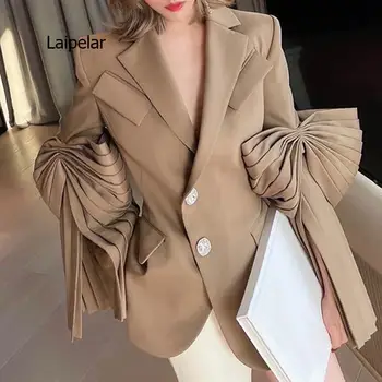  Стильная дизайнерская одежда для женщин цвета хаки современные плиссированные пальто корейский стиль новинка осени 2021