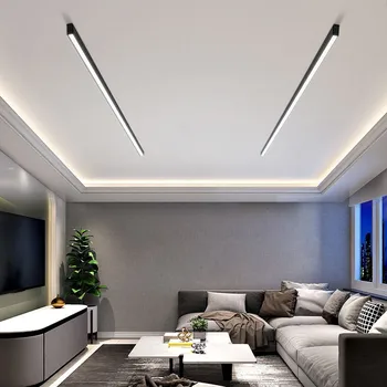  Черный современный простой светодиодный потолочный светильник для столовой Гостиной С длинным поверхностным креплением Спальни Балкона Коридора Алюминиевые панельные светильники