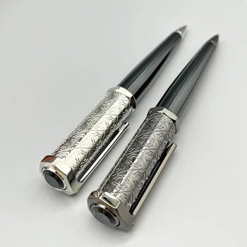  Шариковая ручка Santos-Dumont de Heptagon с черным бочкообразным узором в виде снежного цветка, Роскошная серебряная отделка с серийным номером
